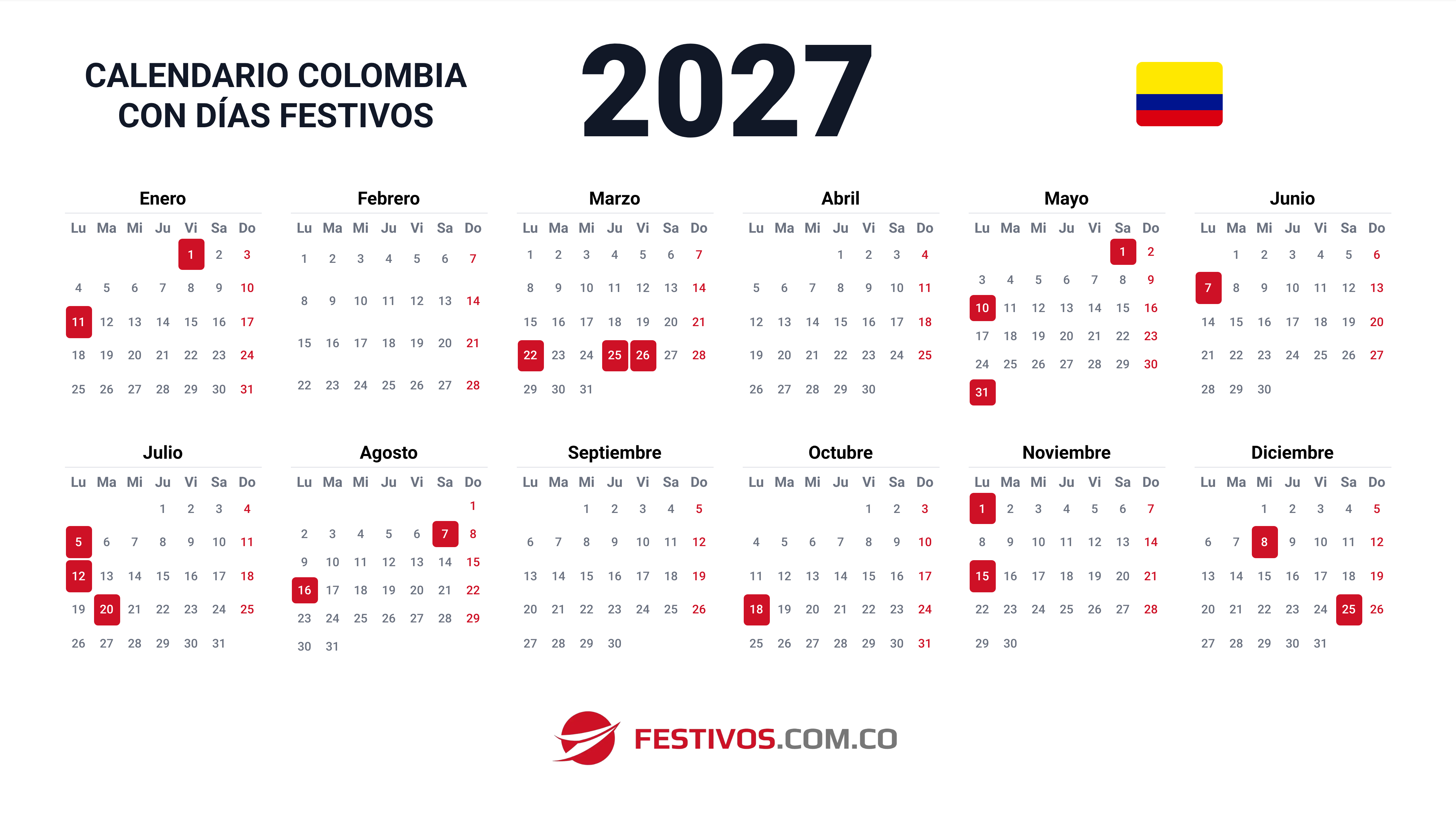Calendario de Colombia 2027 con Festivos