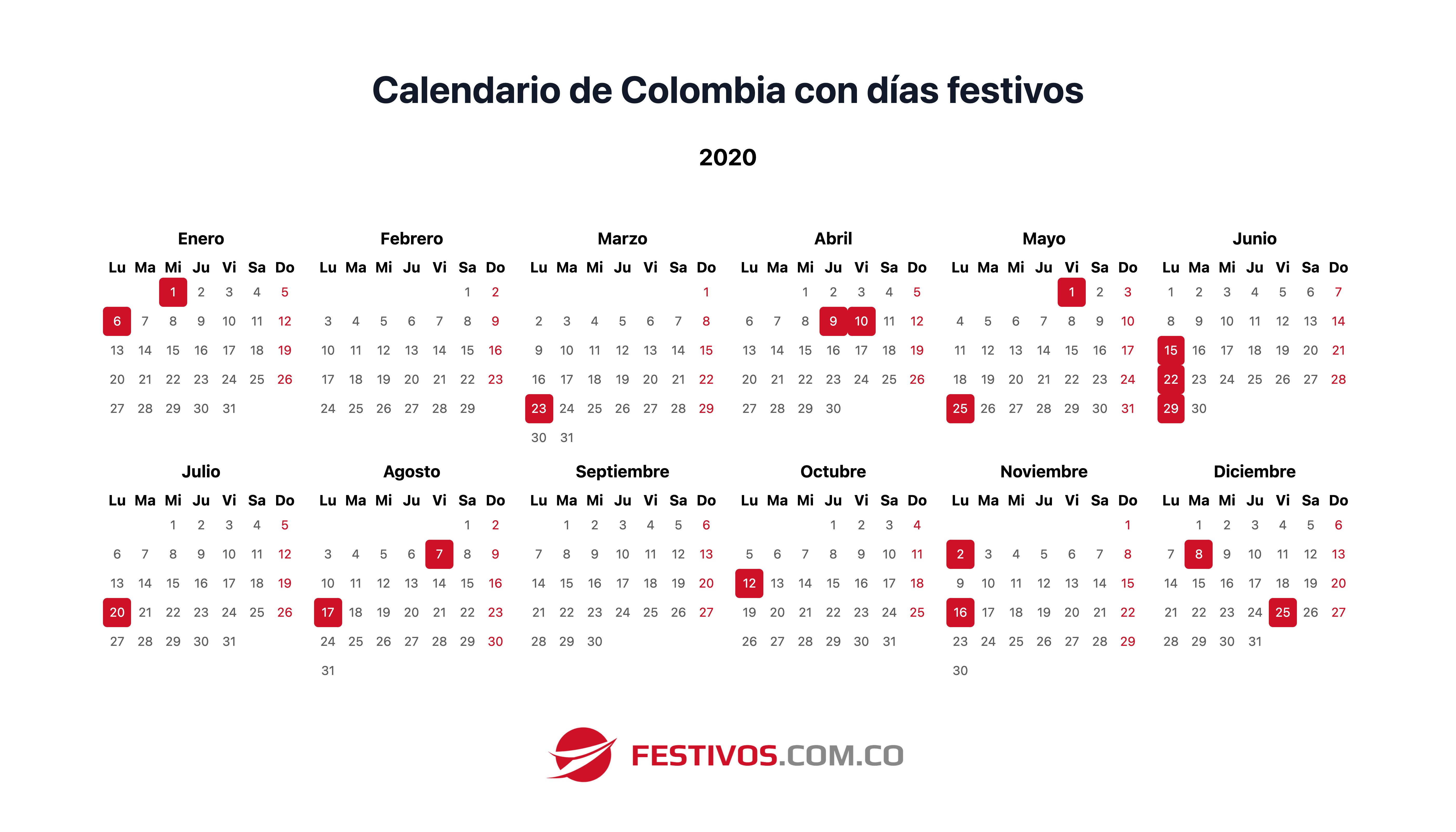 Calendario 2020 Con Festivos Colombia Para Imprimir Pdf
