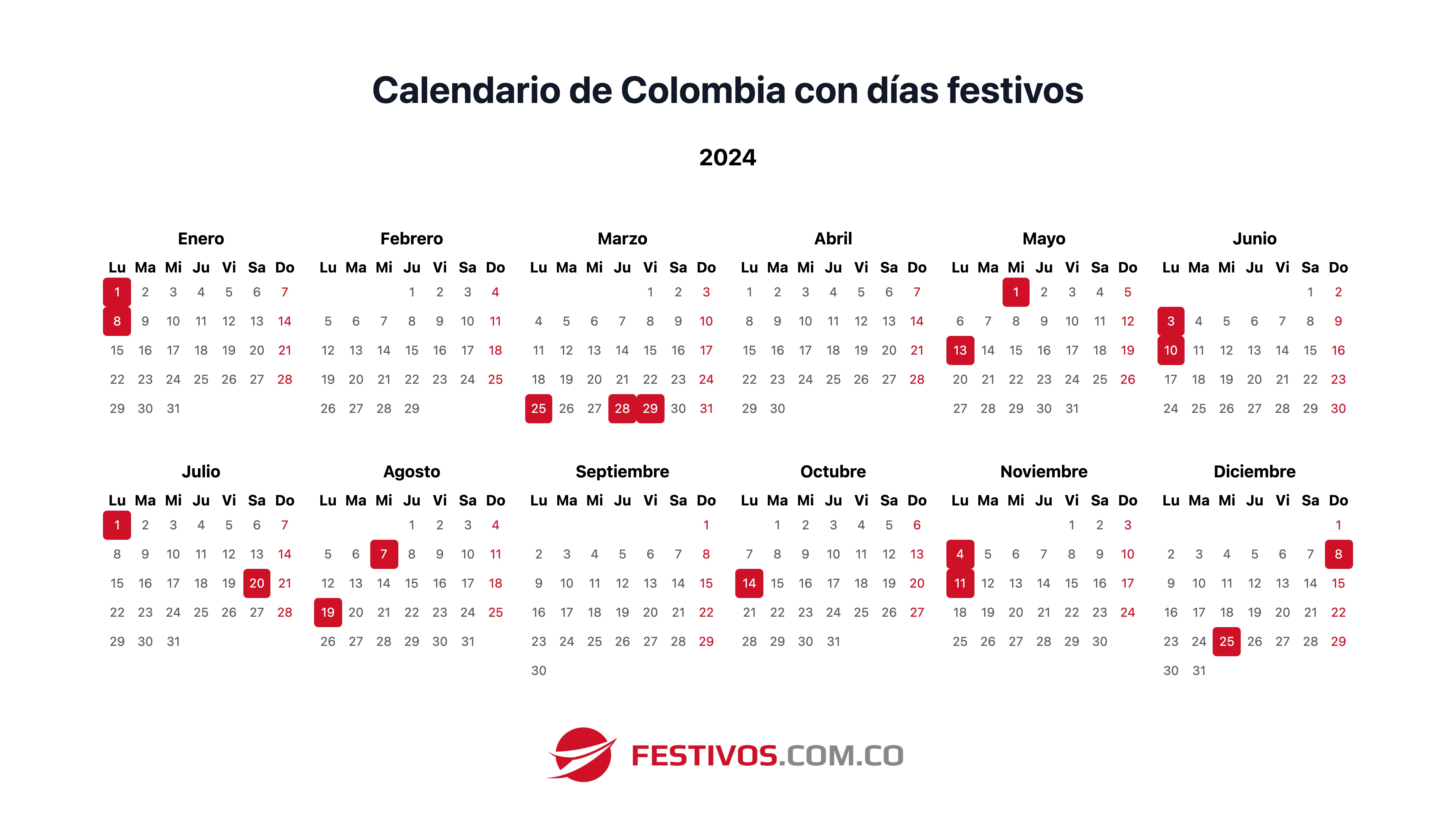 Calendario de Colombia 2024 con festivos