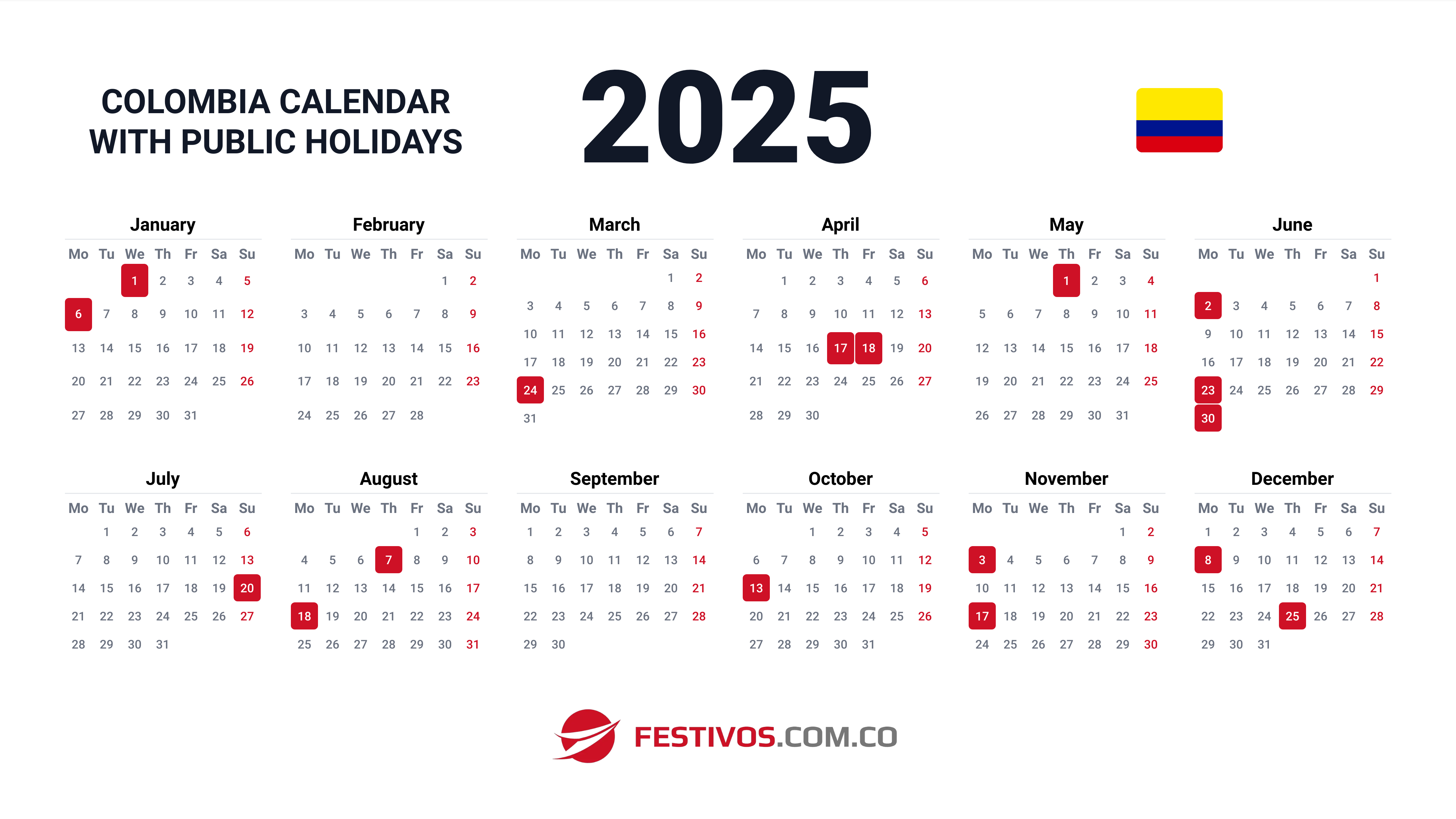 Colombia Calendar 2024 with Public Holidays