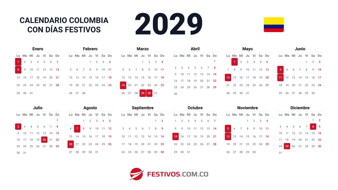 Calendario de Colombia 2029 con Festivos